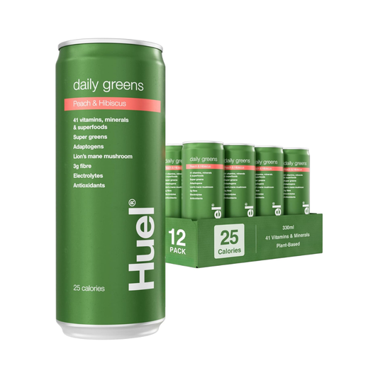 Huel daily greens can + 12-pack, Peach & Hibiscus