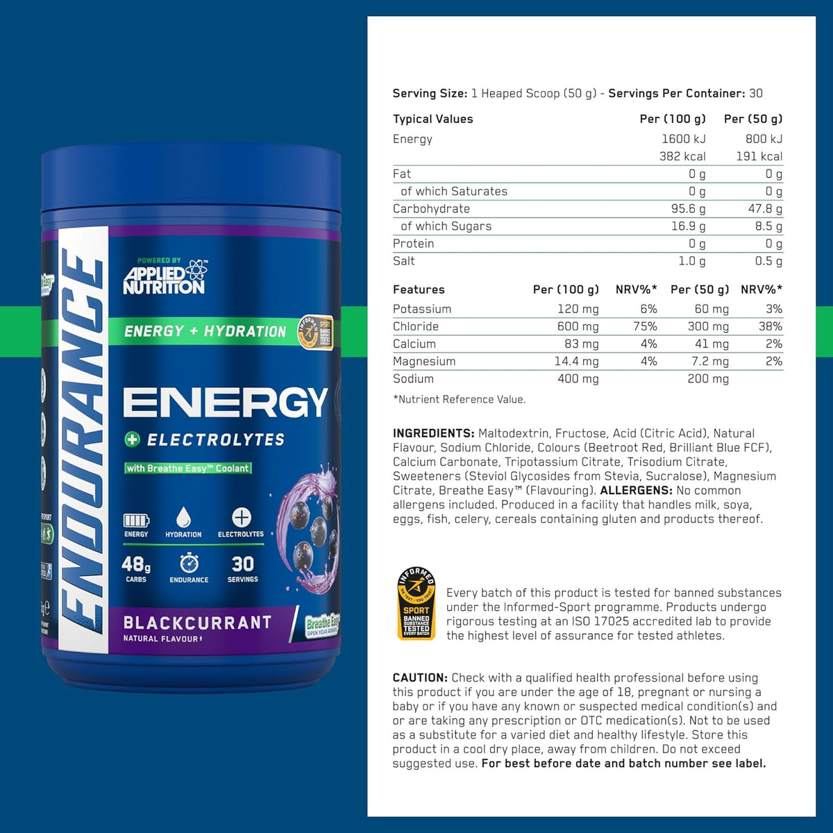 Applied Nutrition Endurance Breathe 1.5kg — Blackcurrant nutrition, ingredients and allergen information (30 servings)