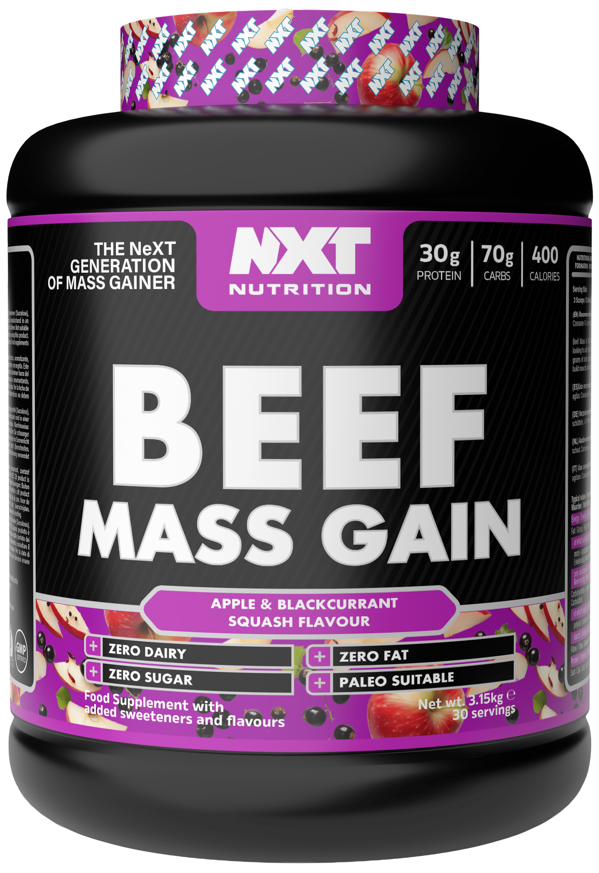 NXT Nutrition Beef Mass Gain 3.15kg Apple & Blackcurrant packshot