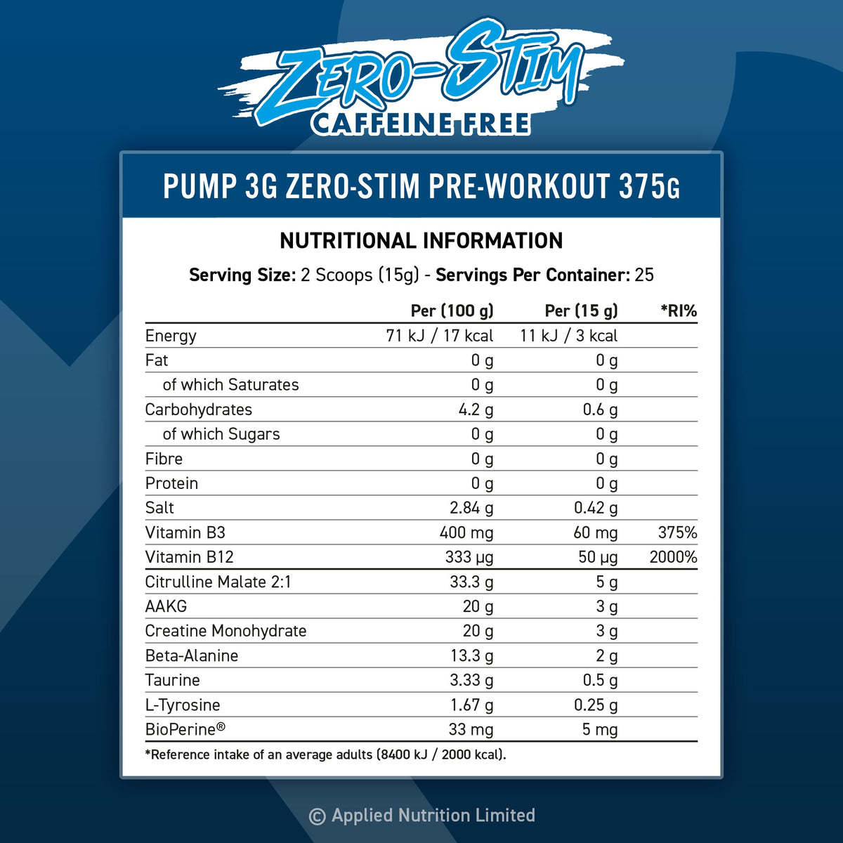 Applied Nutrition Pump 3G Zero 375g — manufacturer general nutrition chart, not a flavour-specific back label