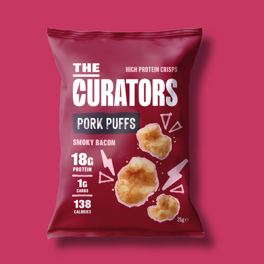 THE CURATORS, HIGH PROTEIN CRISPS, PORK PUFFS, SMOKY BACON, 18G PROTEIN, 1G CARBS, 138 CALORIES, 25ge