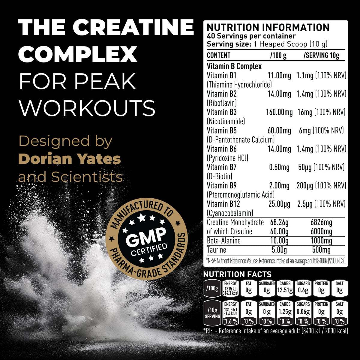 DY Nutrition Creatine 400g, 40 Servings — manufacturer's nutrition and supplement facts