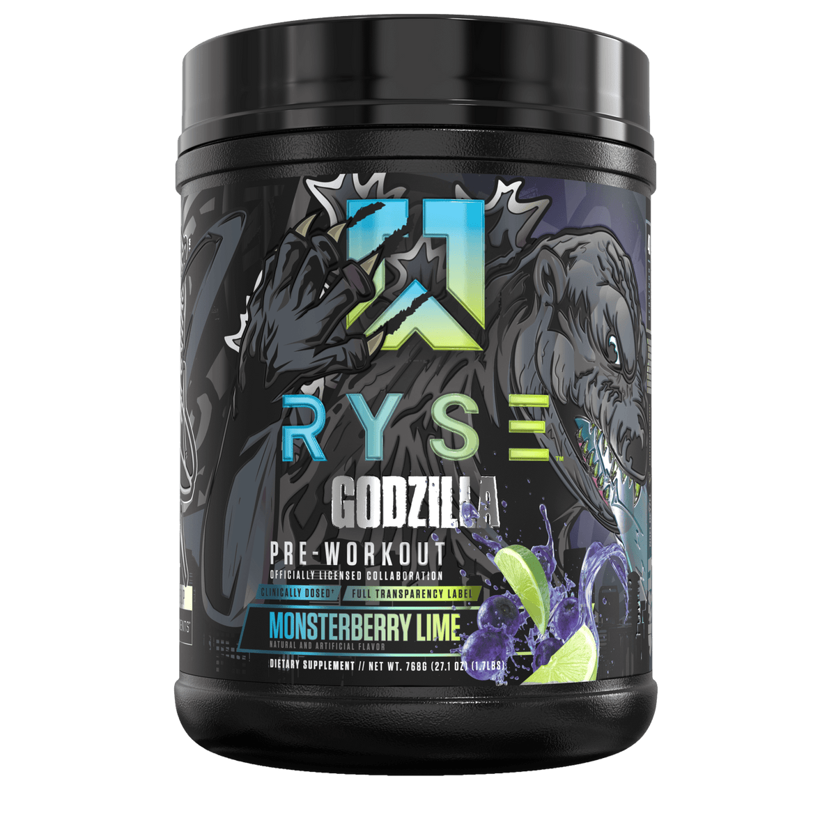 RYSE Godzilla Pre-Workout 792g - Monsterberry Lime product packaging