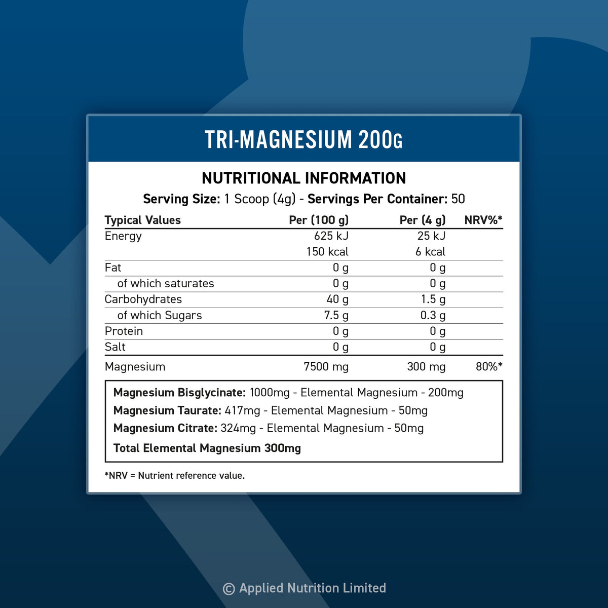 Applied Nutrition Tri-Magnesium Powder 200g — manufacturer reference — 4g serving — nutrition panel