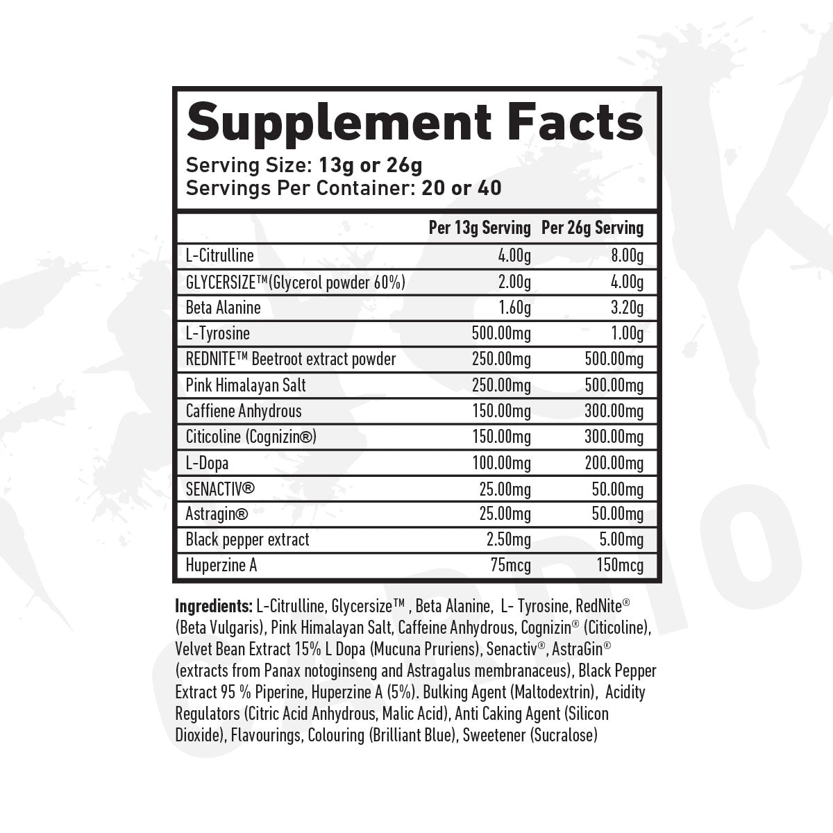 TWP Hustle Pre-Workout (40 Servings) nutrition panel (all flavours)