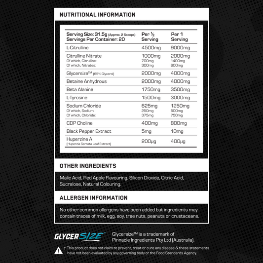 The Formula VASO-DIAL Non-Stim Pre-Workout 630g — manufacturer ingredient and nutrition panel