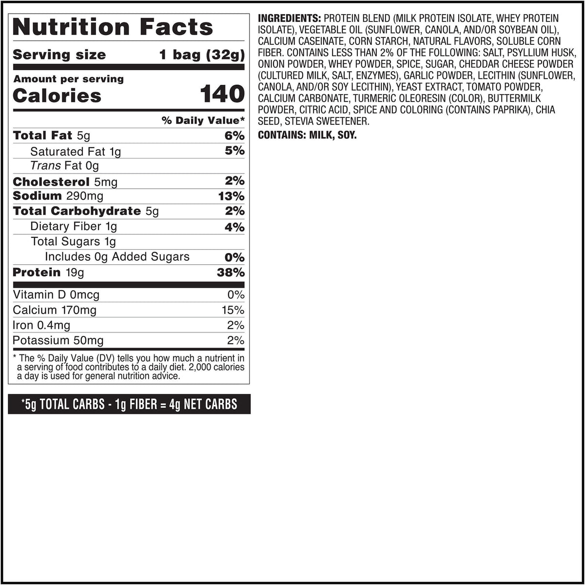Quest Nutrition Protein Chips 8x32g — Pizza — manufacturer nutrition and ingredients, 32g serving