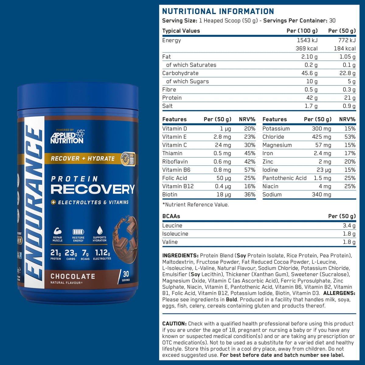 Applied Nutrition Endurance Recovery 1.5kg — Chocolate only — 50g serving — nutrition panel