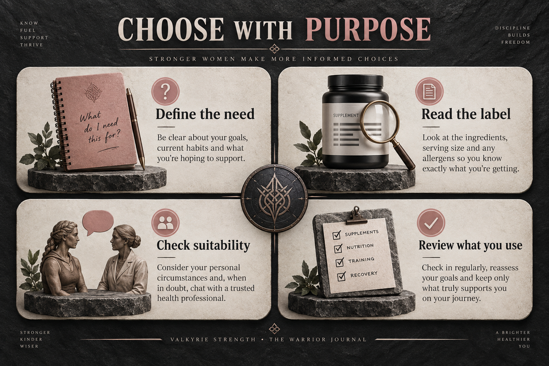 Choosing supplements: define the need, read the label, check suitability and review what you use.