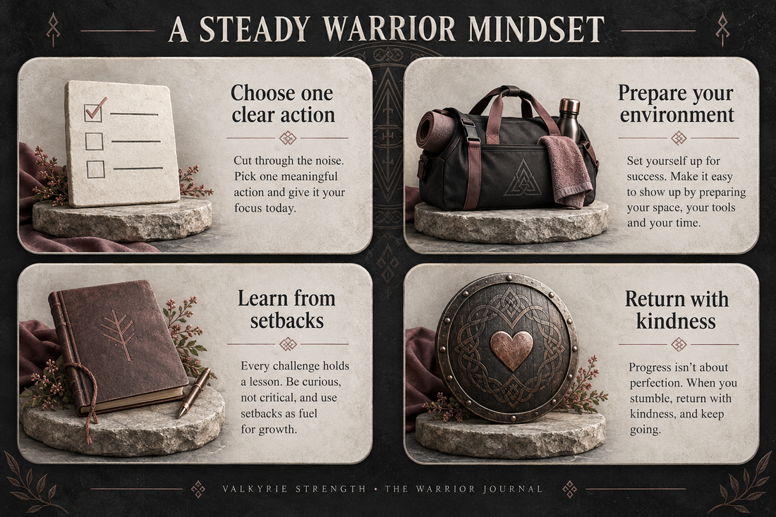 Warrior mindset: choose one clear action, prepare your environment, learn from setbacks and return with kindness.
