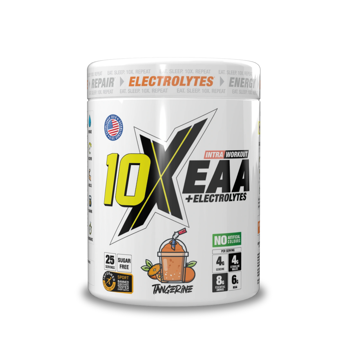 10X Athletic EAA 450g — Tangerine — front of tub