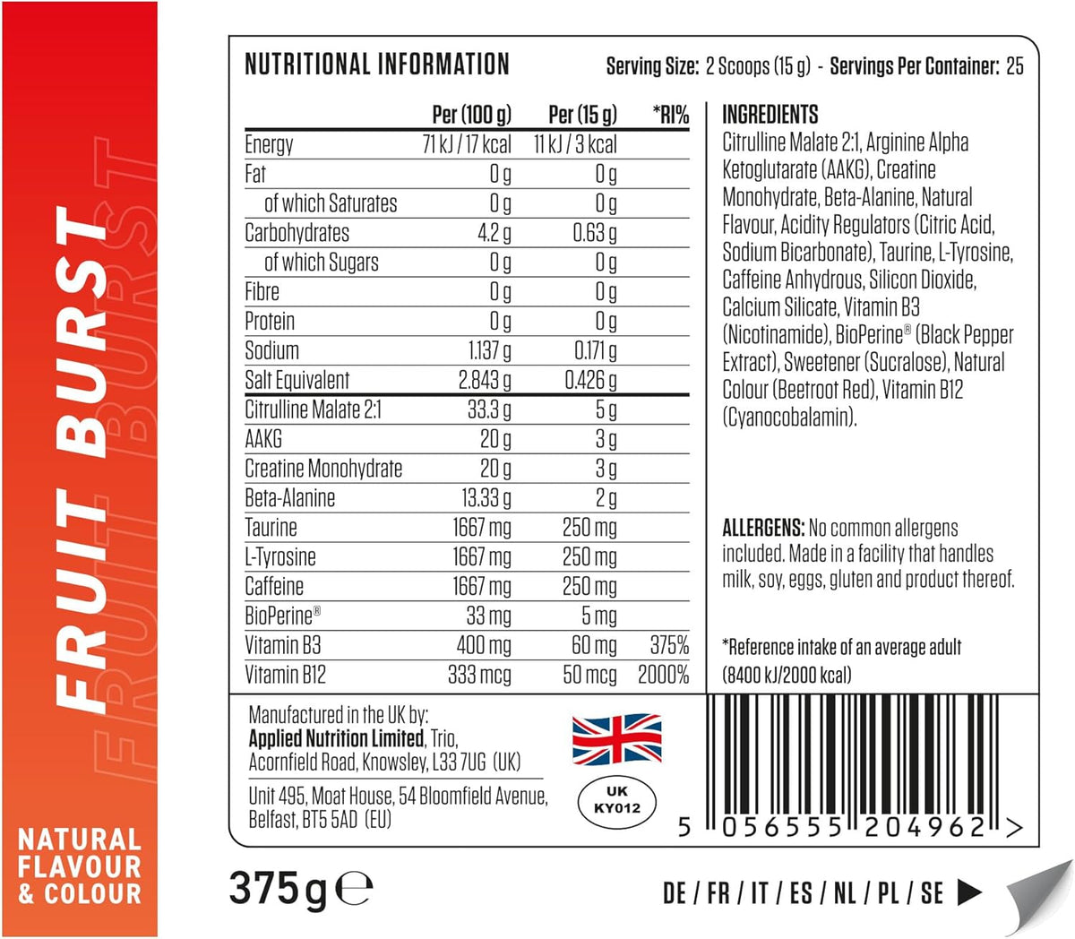Applied Nutrition Pump 3G 375g — Fruit Burst ONLY — nutrition, ingredients and barcode 5056555204962