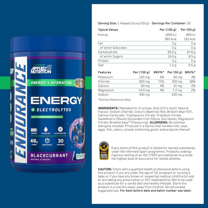 Applied Nutrition Endurance Breathe 1.5kg — Blackcurrant nutrition, ingredients and allergen information (30 servings)