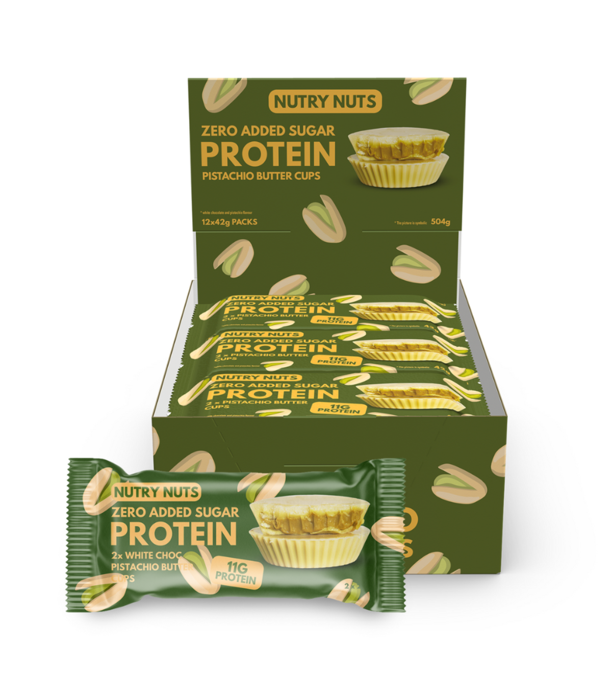 Nutry Nuts Zero Added Sugar Protein Peanut Butter Cups 12x42g - White Choc & Pistachio