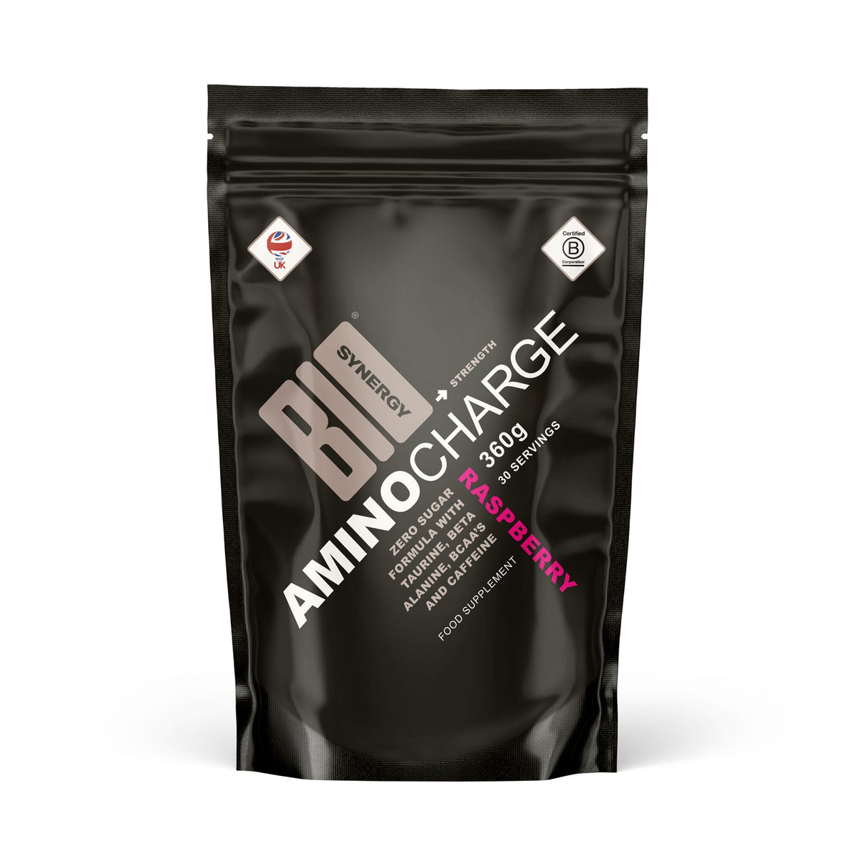 BIO SYNERGY, AMINO CHARGE, RASPBERRY, 360g, 30 SERVINGS, ZERO SUGAR FORMULA WITH TAURINE, BETA ALANINE, BCAA'S AND CAFFE