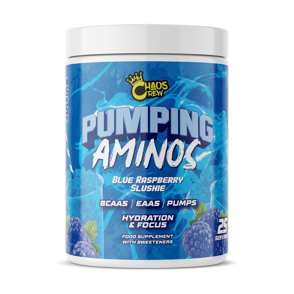 Chaos Crew Pumping Aminos 2.0 325g - Blue Raspberry Slushie product packaging