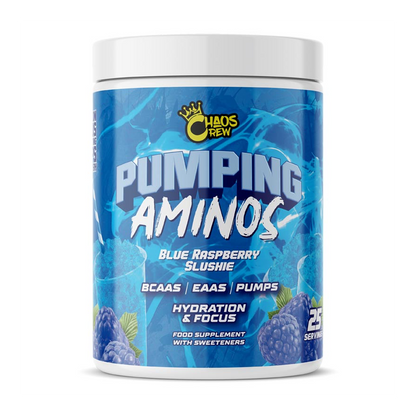 Chaos Crew Pumping Aminos 2.0 325g - Blue Raspberry Slushie product packaging
