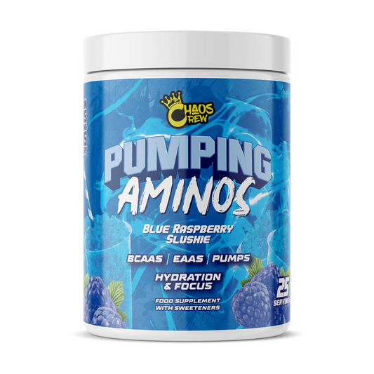 Chaos Crew Pumping Aminos 2.0 325g - Blue Raspberry Slushie product packaging