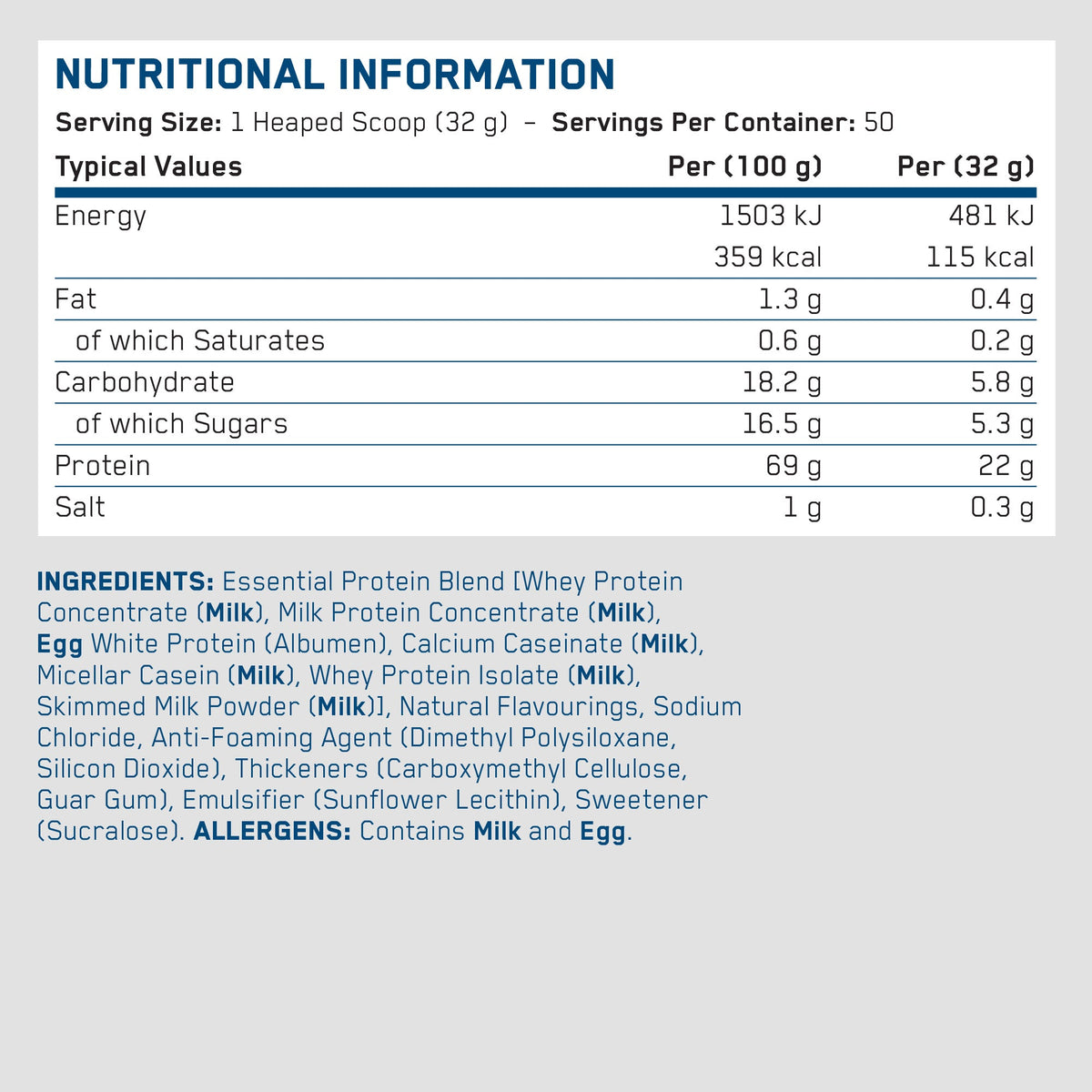 Applied Nutrition Essential Protein 1.6kg - nutrition panel