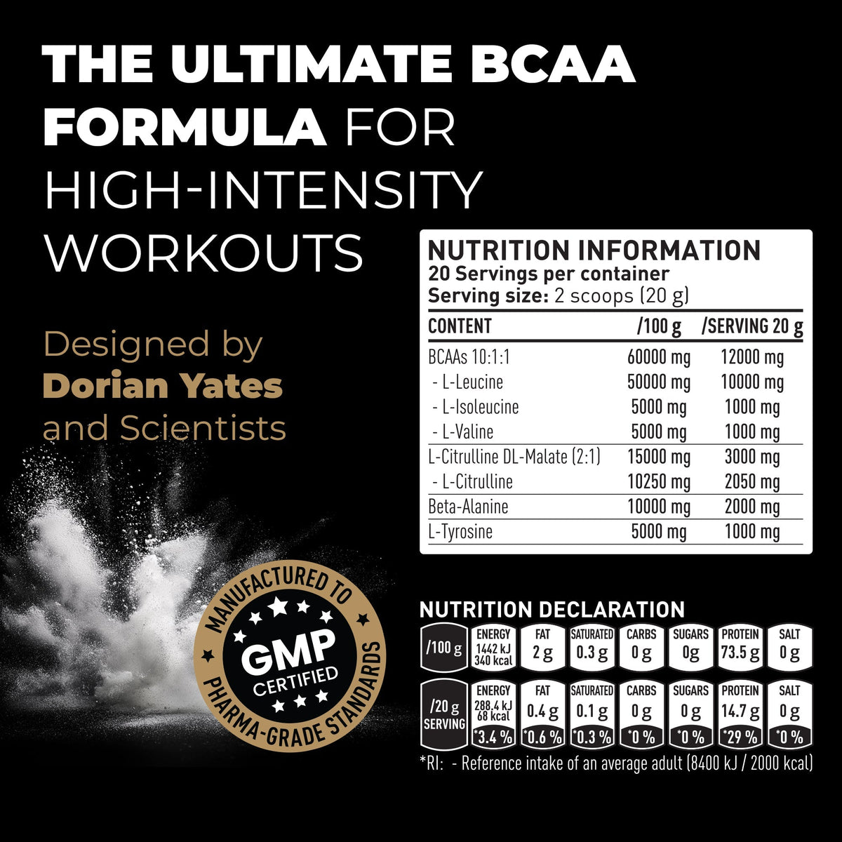 DY Nutrition HIT BCAA 10:1:1 400g, 20 Servings — manufacturer's nutrition and supplement facts