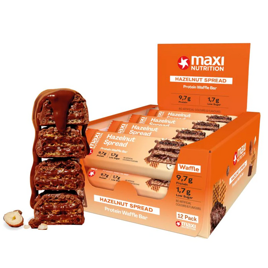 MaxiNutrition Protein Waffle Bar 12x40g - Hazelnut Spread product packaging
