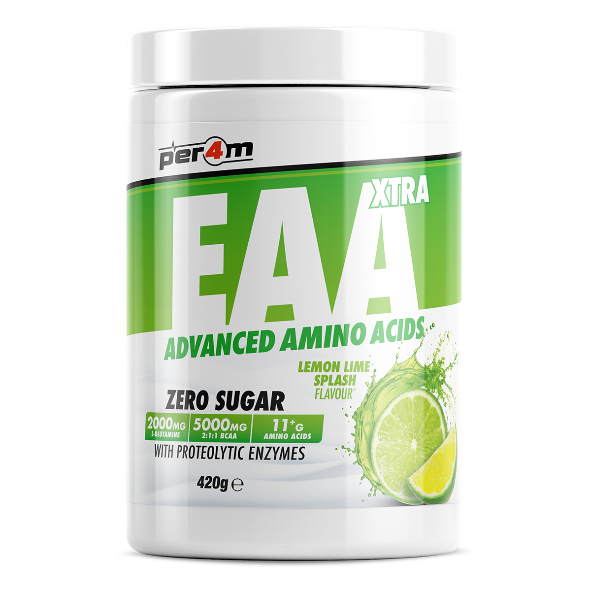 Per4m EAA XTRA 420g — Lemon Lime Splash — front of tub