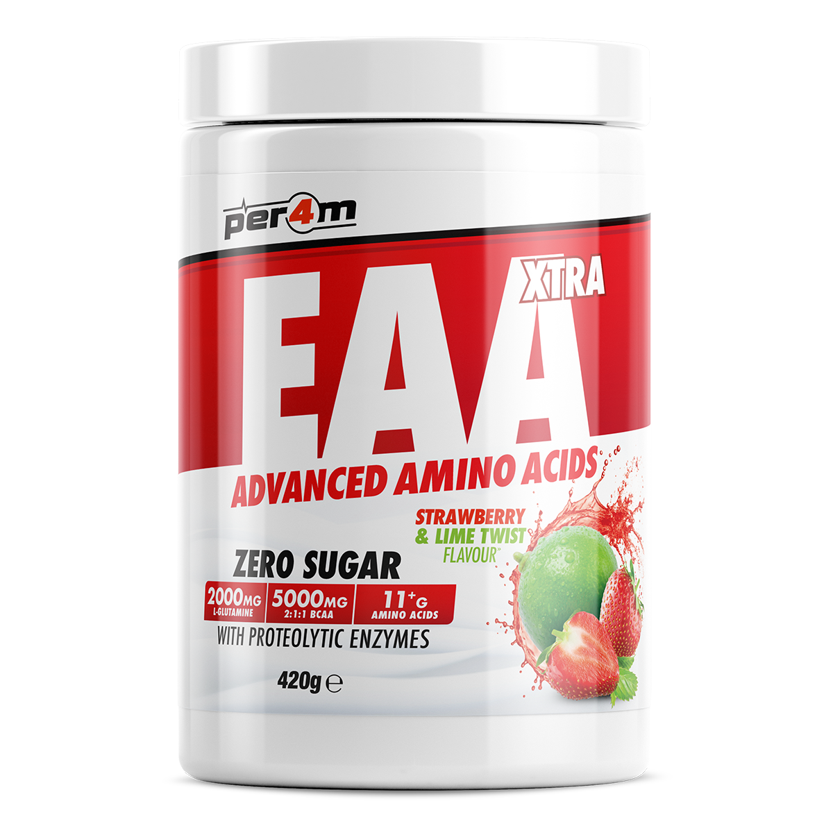 Per4m EAA XTRA 420g — Strawberry Lime Twist — front of tub