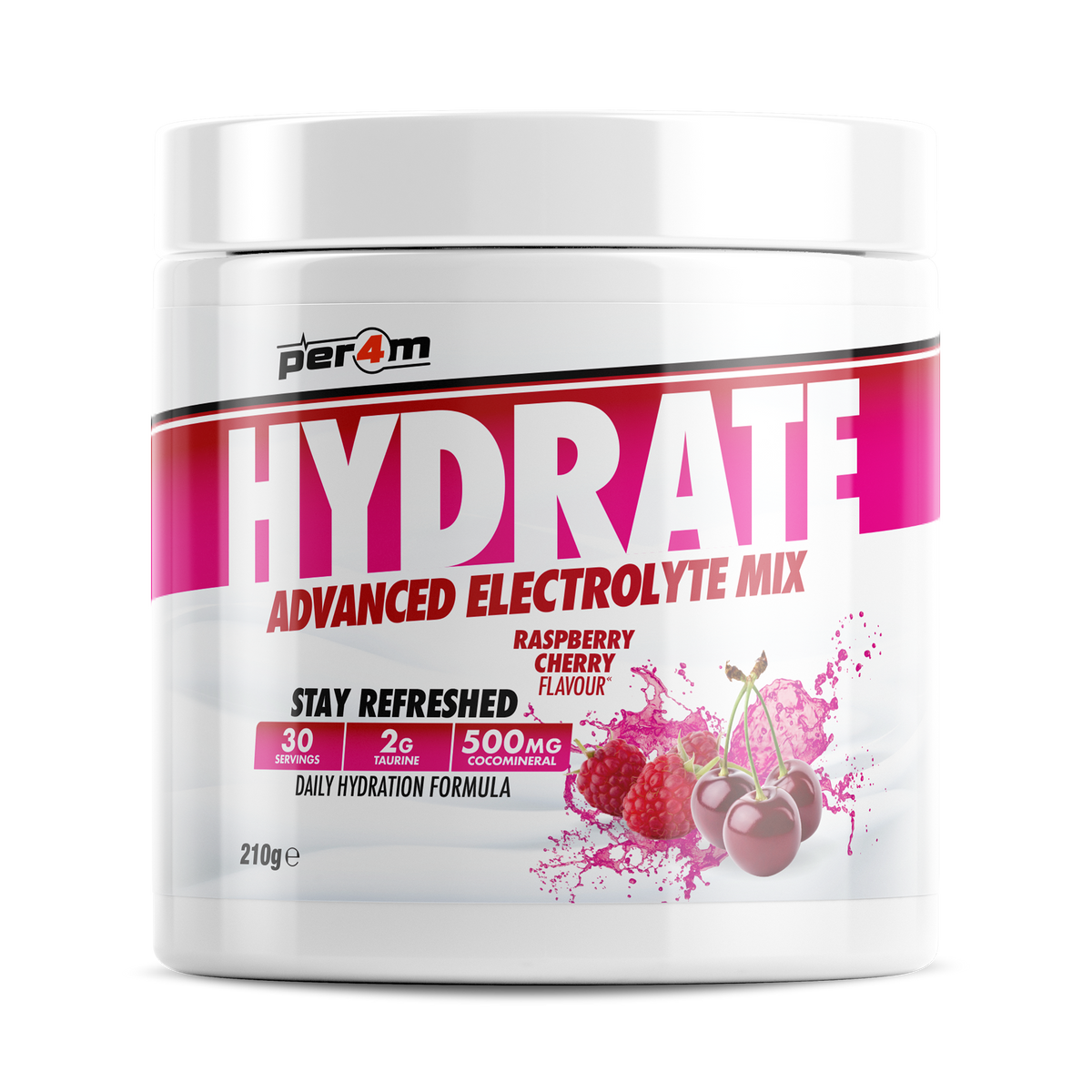 Per4m Hydration 210g — Raspberry Cherry — front of tub