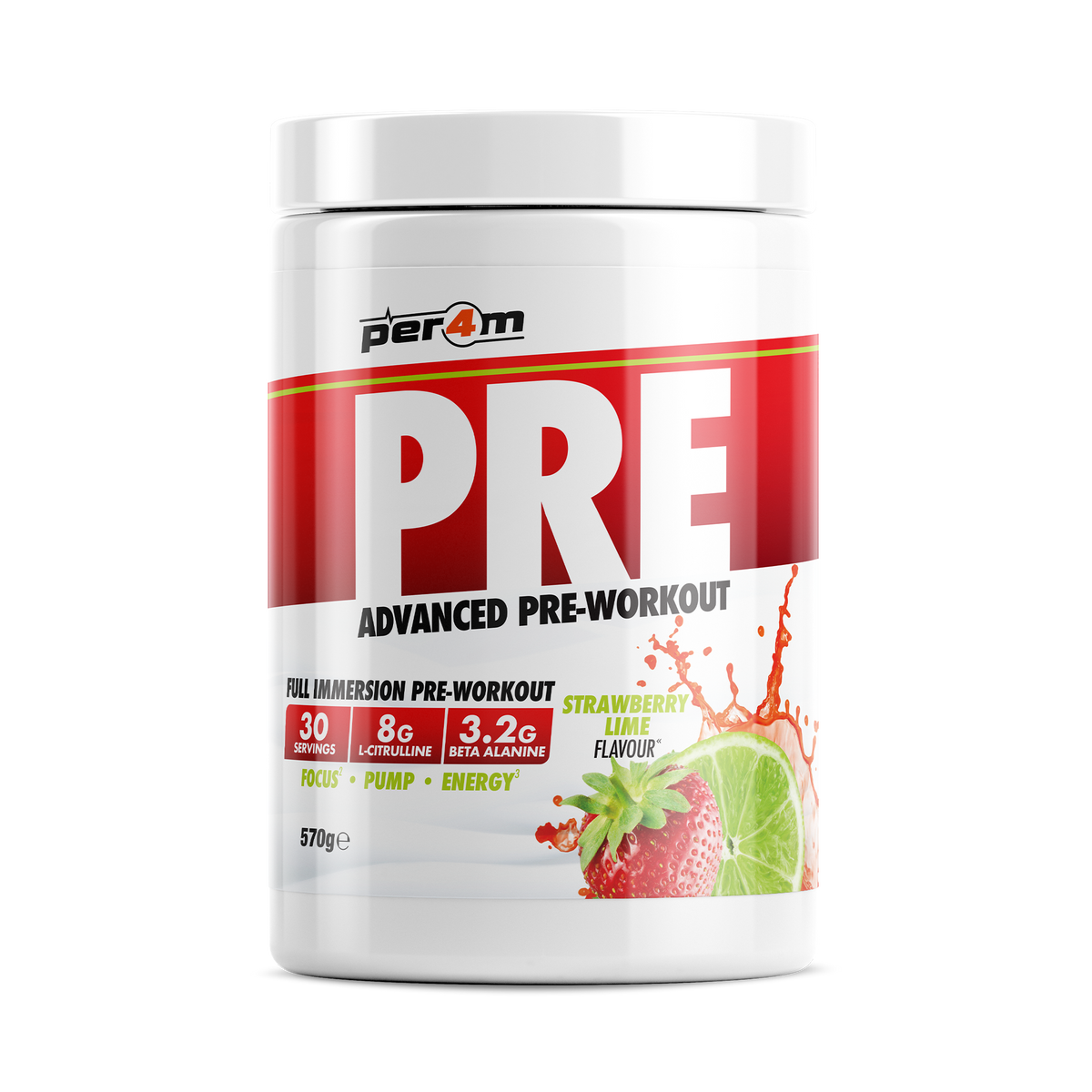 Per4m Pre 570g — Strawberry Lime — front of tub