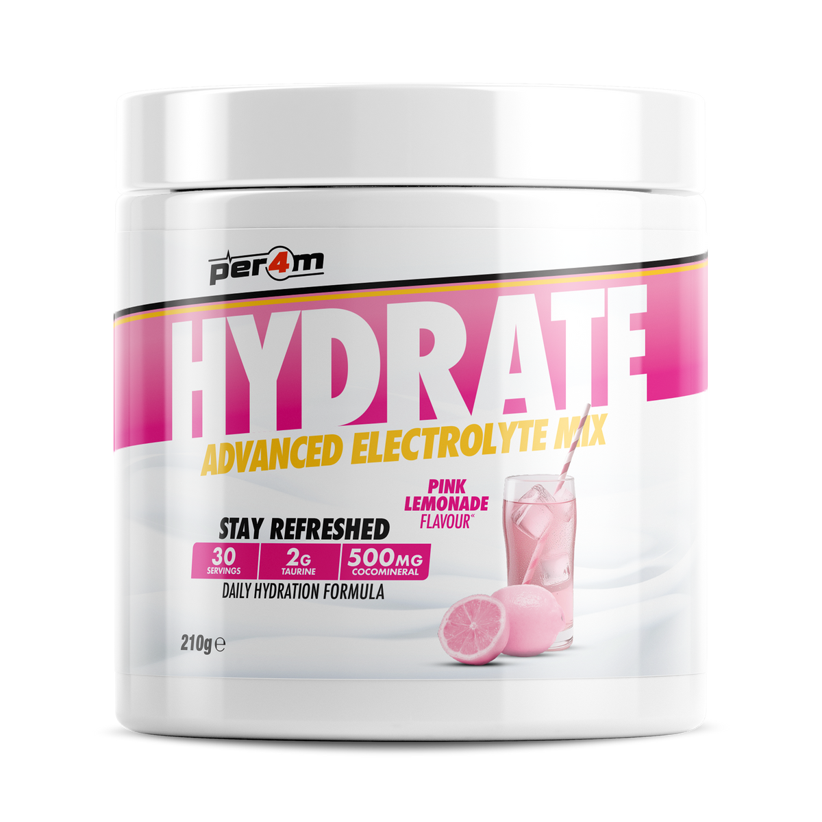Per4m Hydration 210g — Pink Lemonade — front of tub