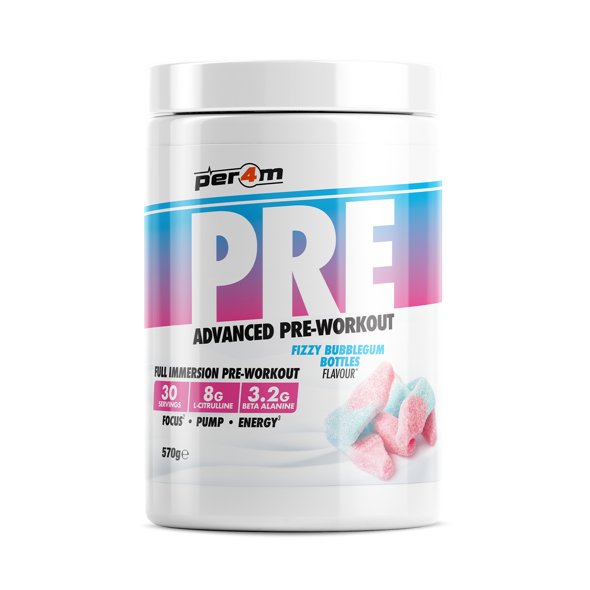Per4m Pre 570g — Fizzy Bubblegum Bottles — front of tub