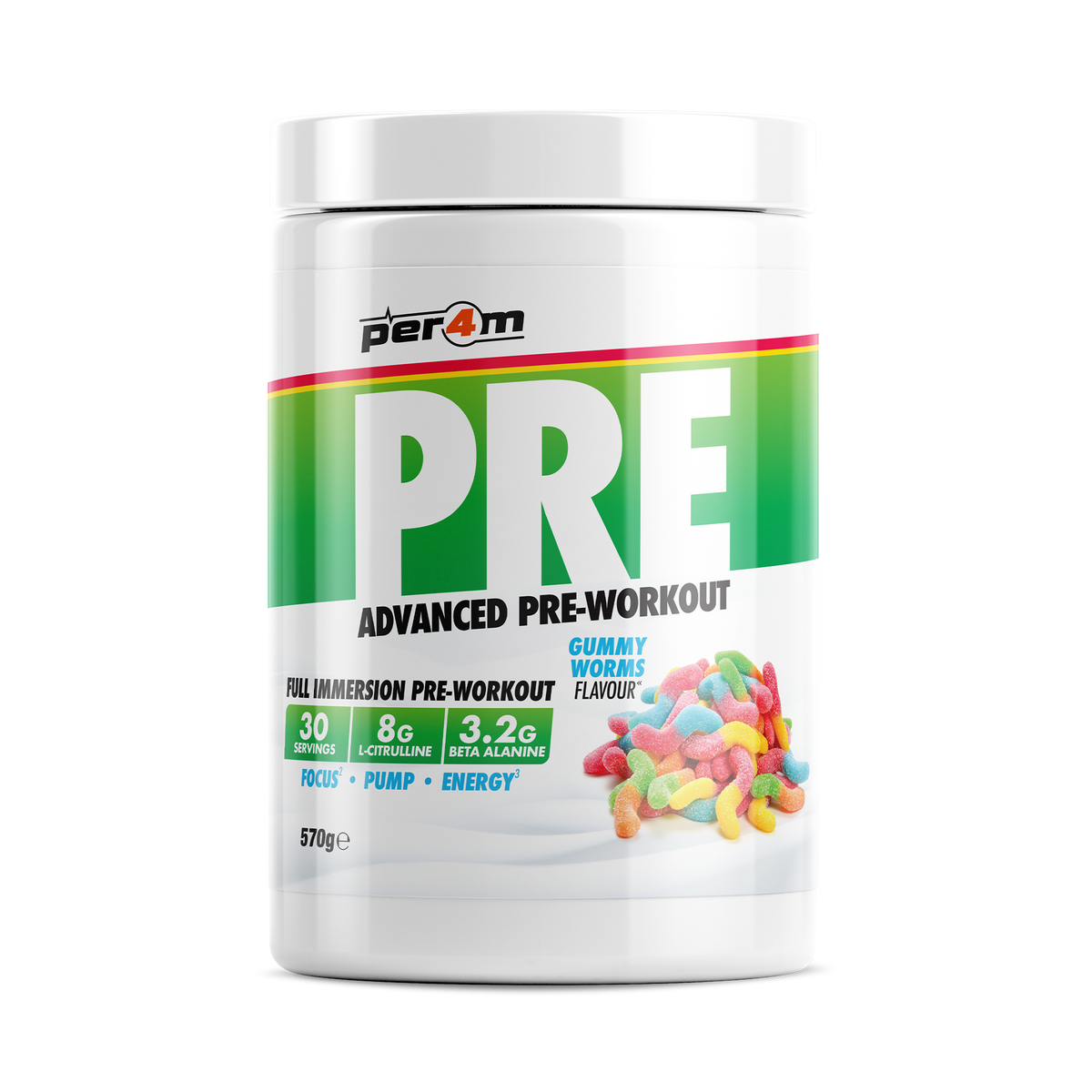Per4m Pre 570g — Gummy Worms — front of tub