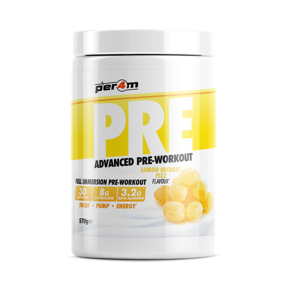 Per4m Pre 570g — Lemon Sherbet Fizz — front of tub