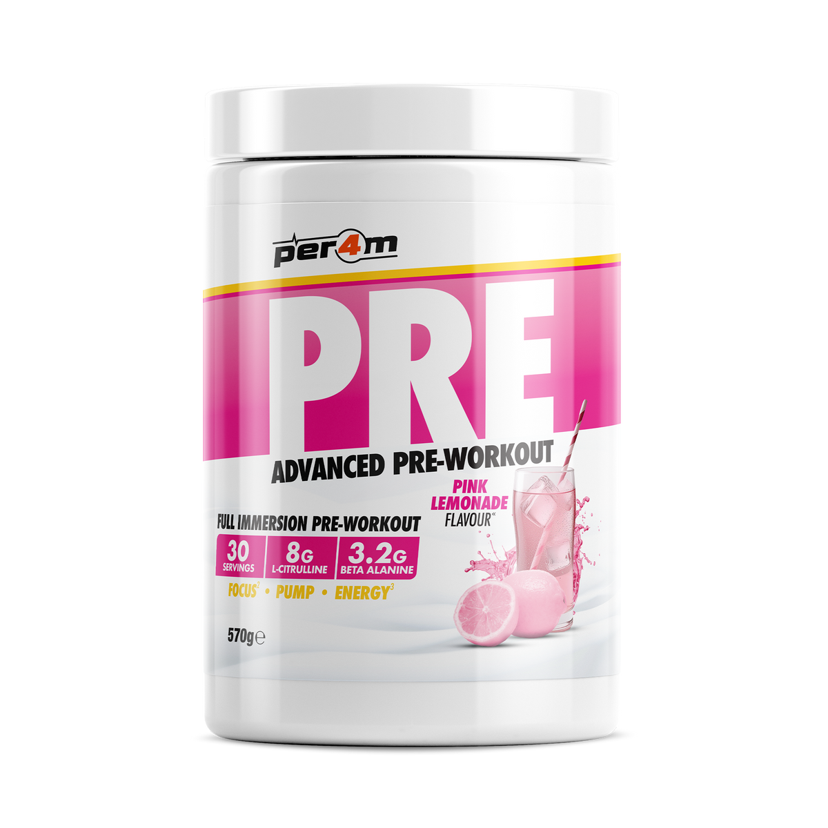 Per4m Pre 570g — Pink Lemonade — front of tub