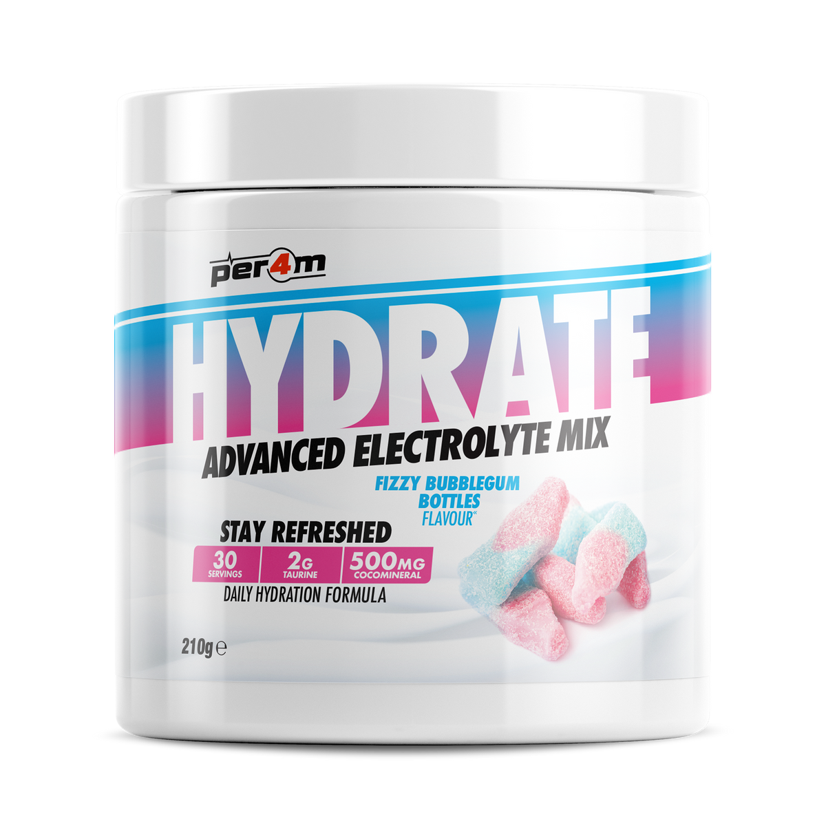 Per4m Hydration 210g — Fizzy Bubblegum Bottles — front of tub
