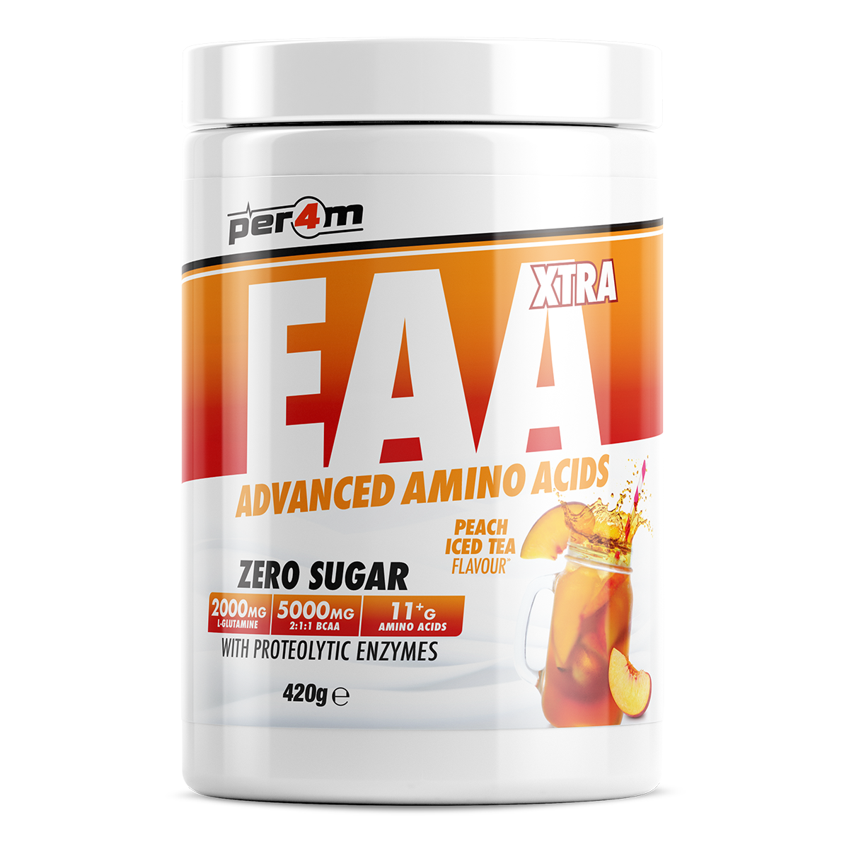 Per4m EAA XTRA 420g — Peach Ice Tea — front of tub