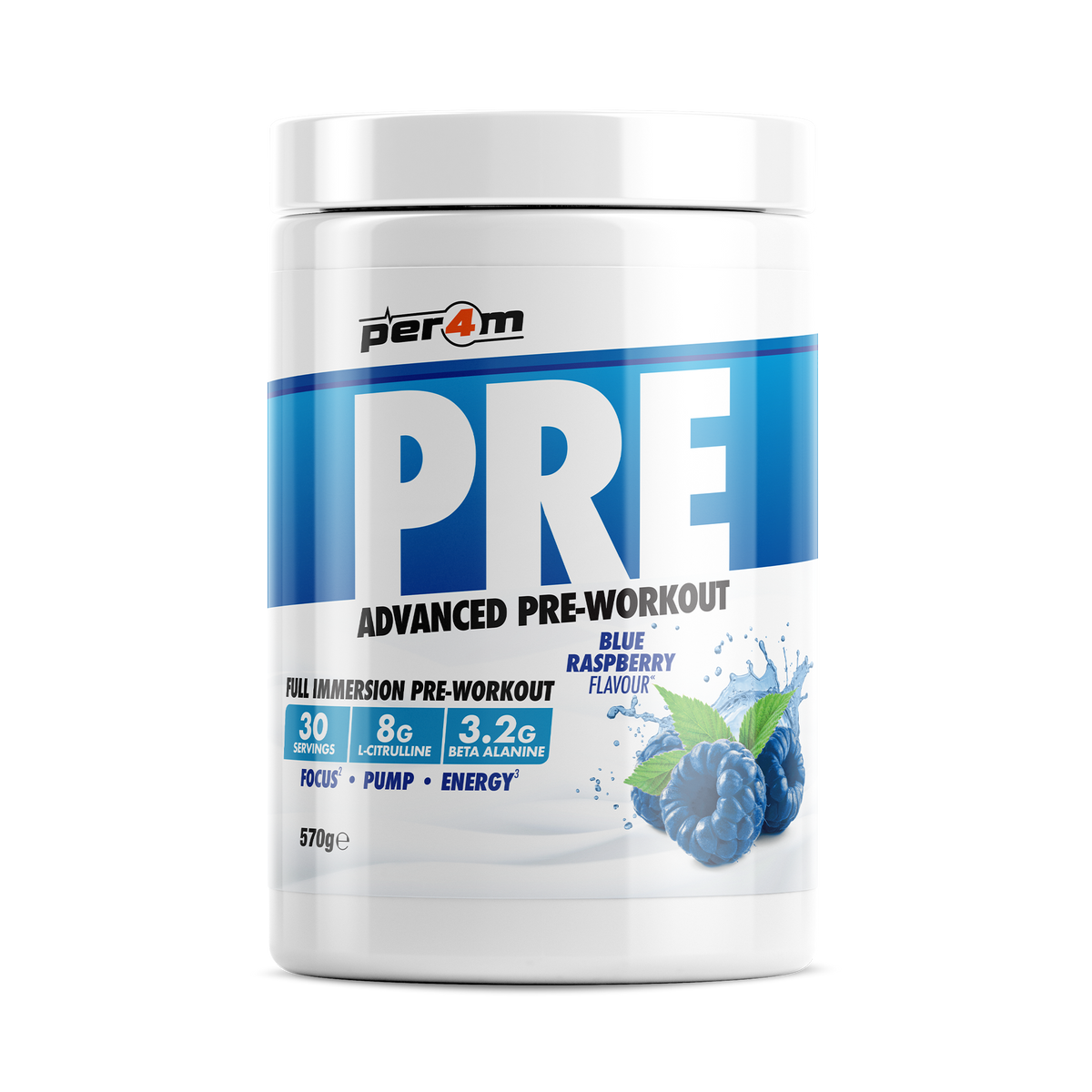 Per4m Pre 570g — Blue Raspberry — front of tub