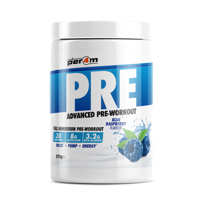 Per4m Pre 570g — Blue Raspberry — front of tub