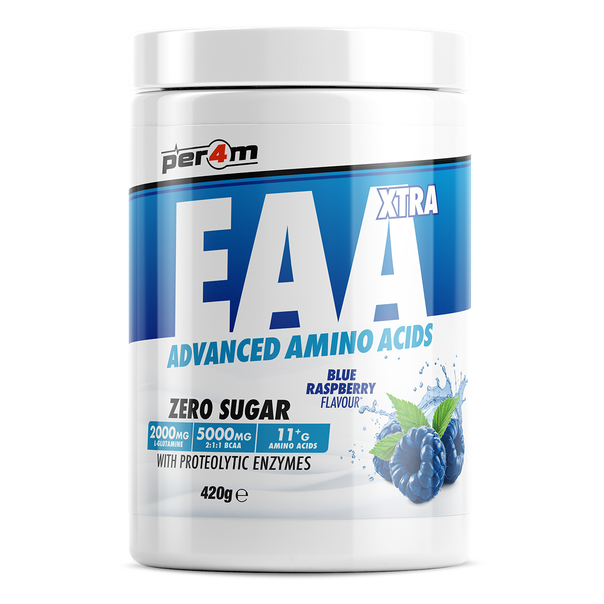 Per4m EAA XTRA 420g — Blue Raspberry — front of tub
