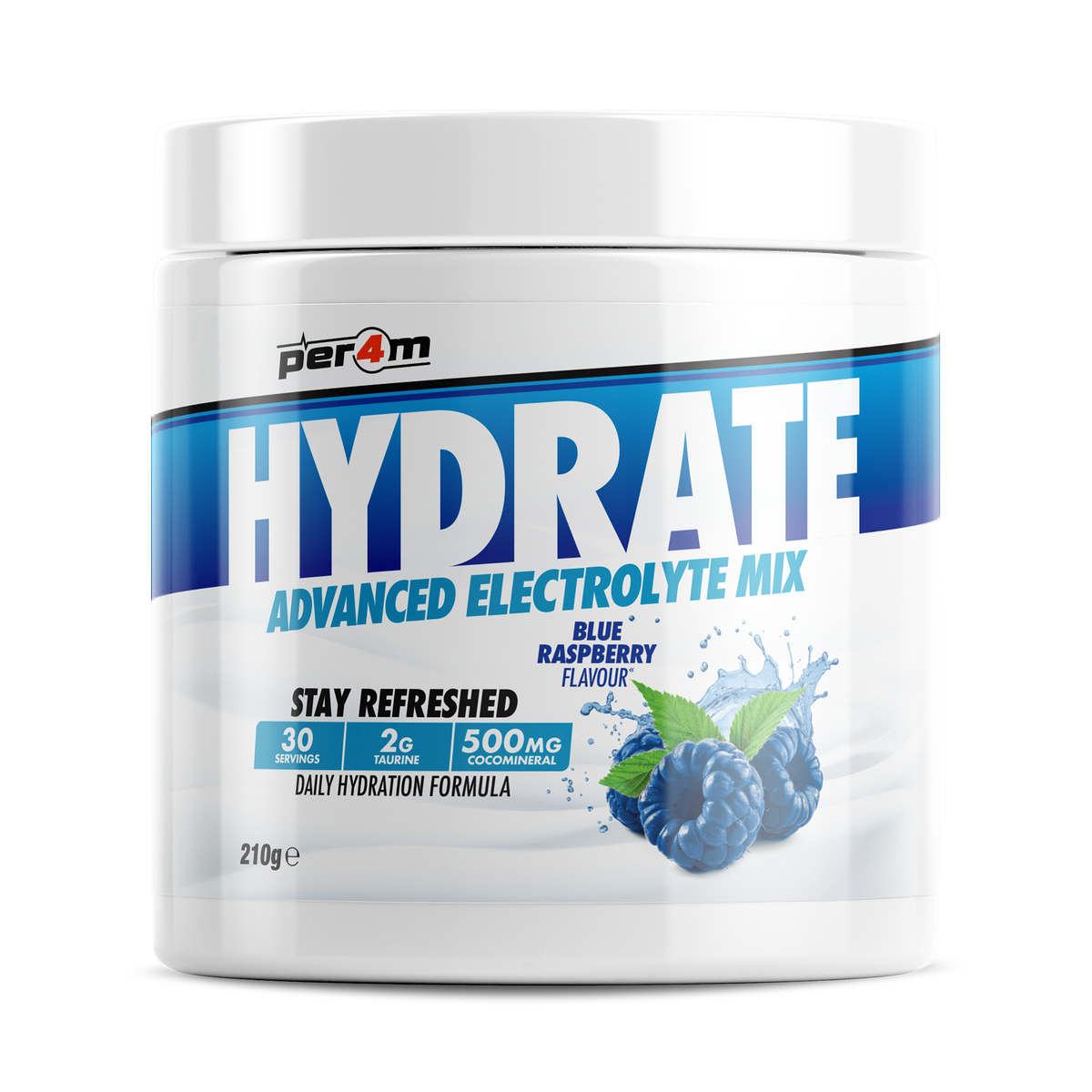 Per4m Hydration 210g — Blue Raspberry — front of tub