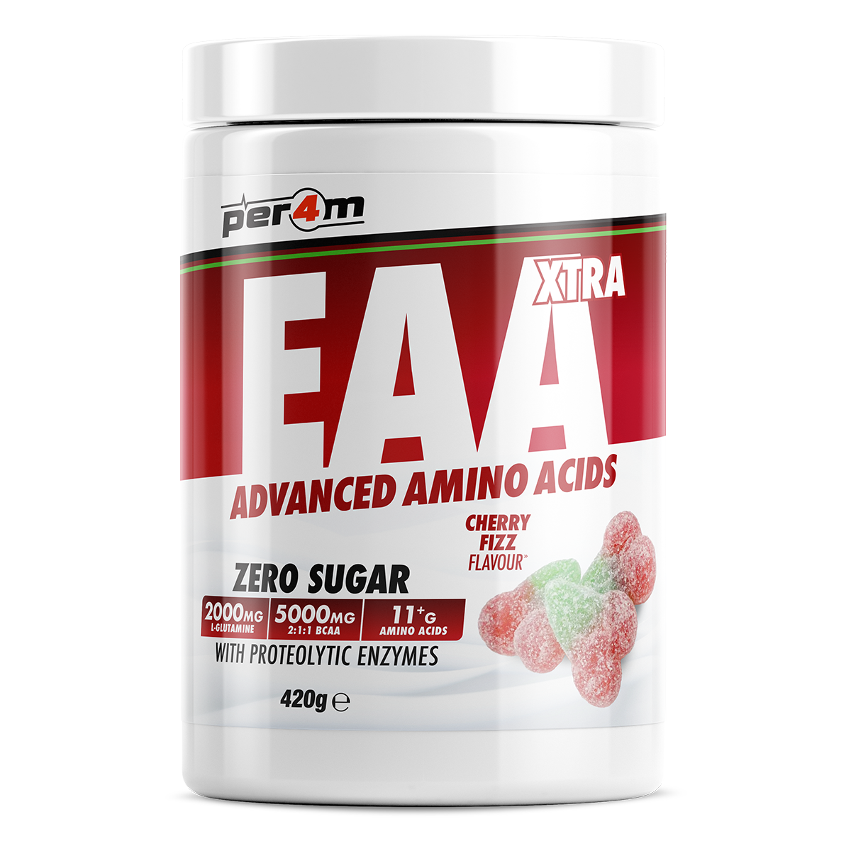 Per4m EAA XTRA 420g — Cherry Fizz — front of tub