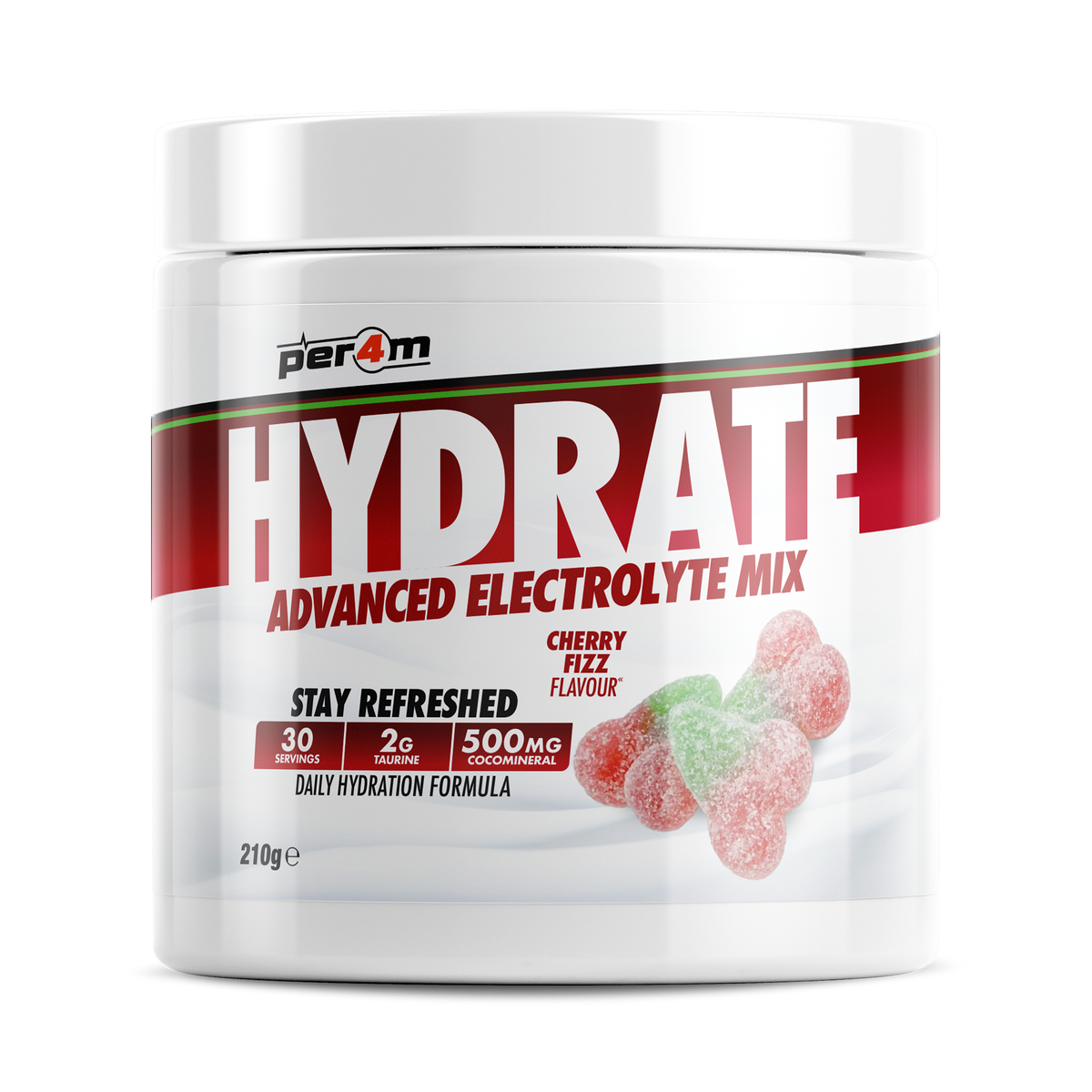 Per4m Hydration 210g — Cherry Fizz — front of tub