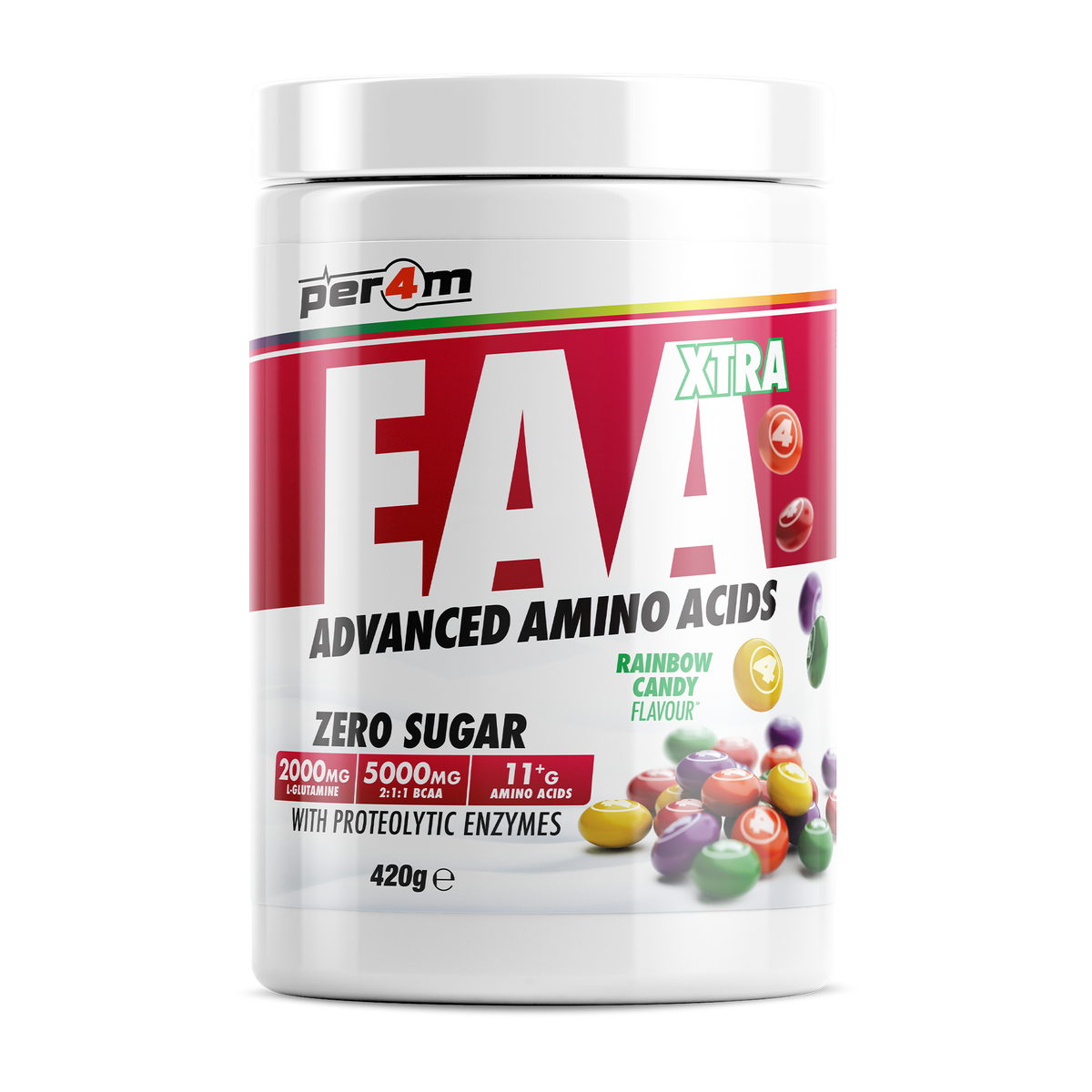 Per4m EAA XTRA 420g — Rainbow Candy — front of tub