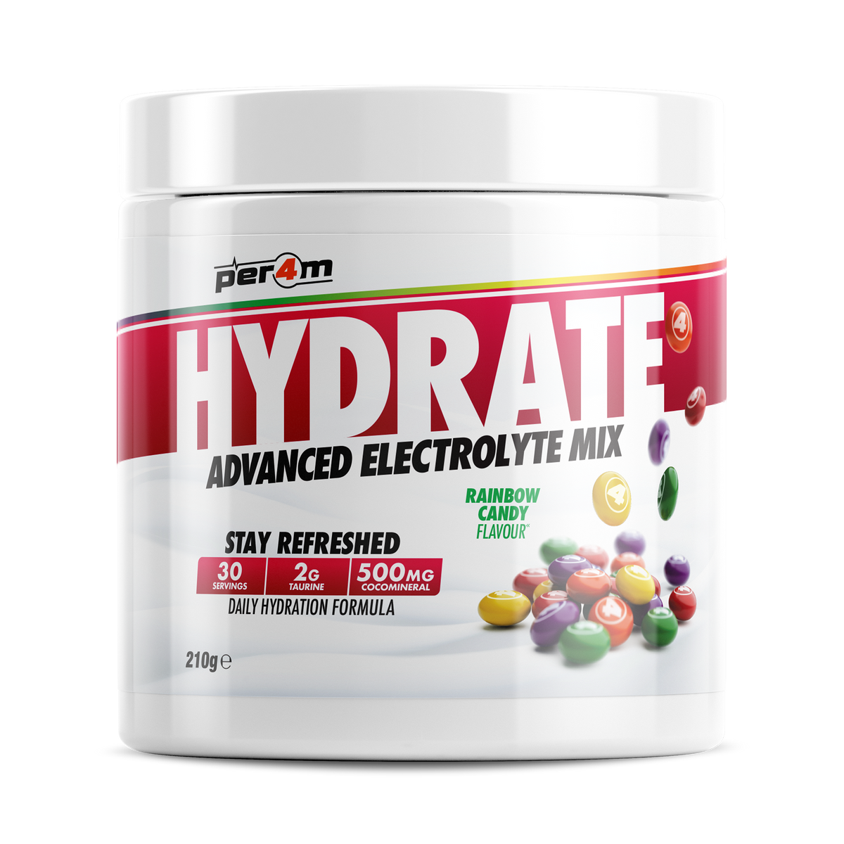 Per4m Hydration 210g — Rainbow Candy — front of tub