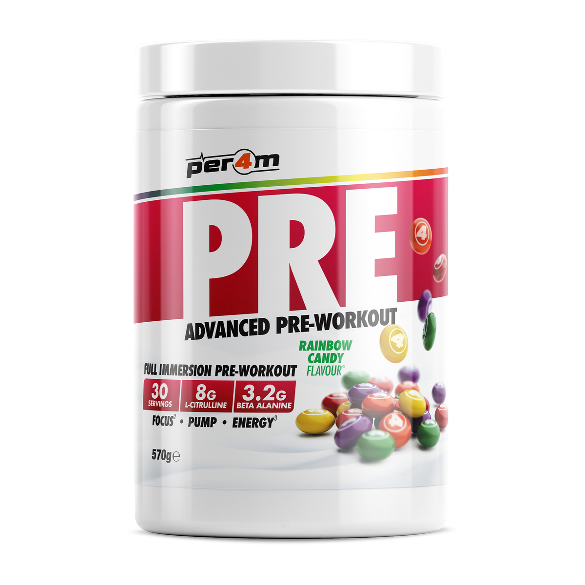 Per4m Pre 570g — Rainbow Candy — front of tub