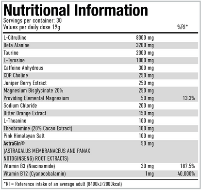 Per4m Pre 570g — Berry Blast, Cherry Fizz, Cola Bottle, Passion Fruit, Watermelon Lemonade — nutrition information