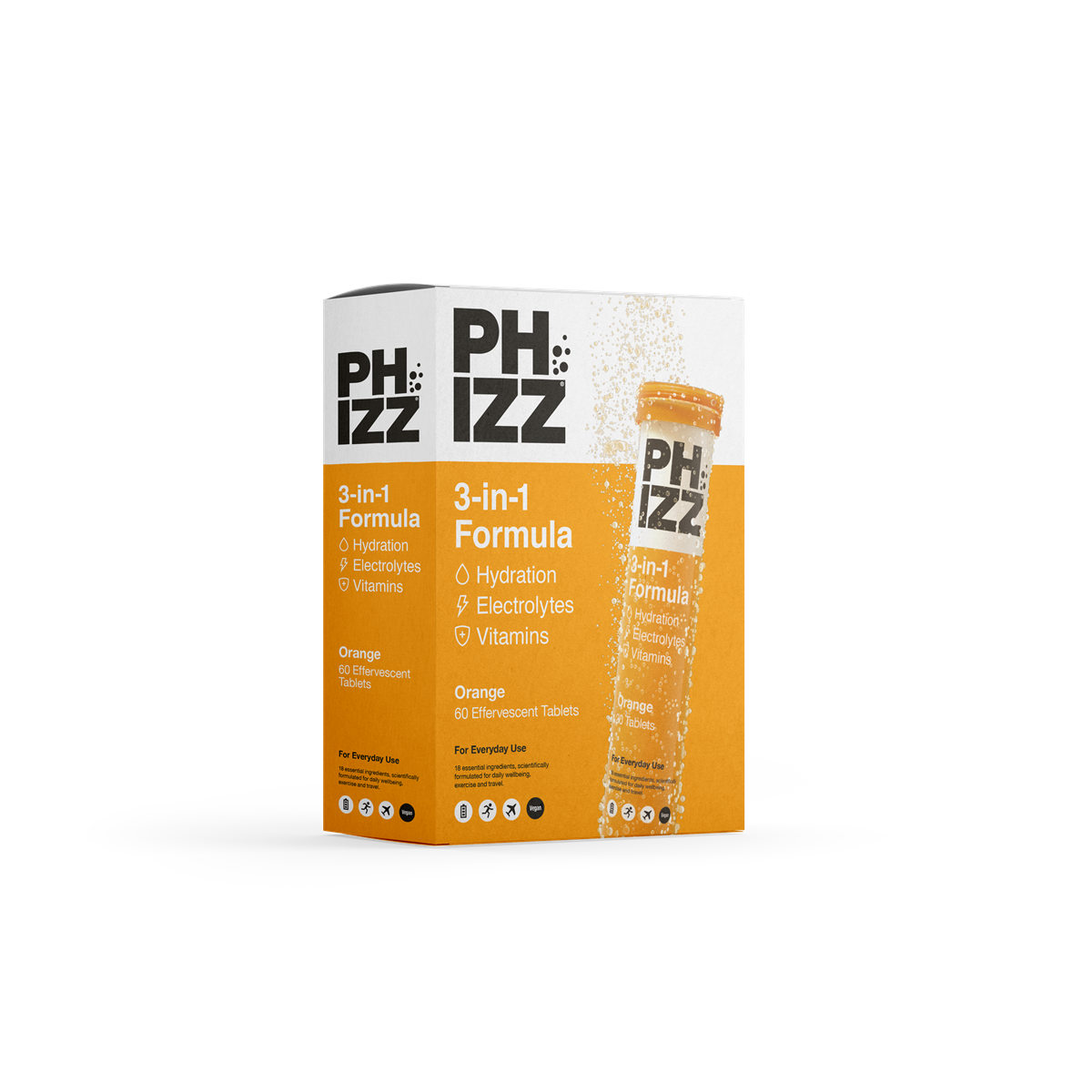 Phizz 3-in-1 Multivitamin & Rehydration Electrolyte Effervescent Multi-pack 6x60 Tabs - Orange product packaging