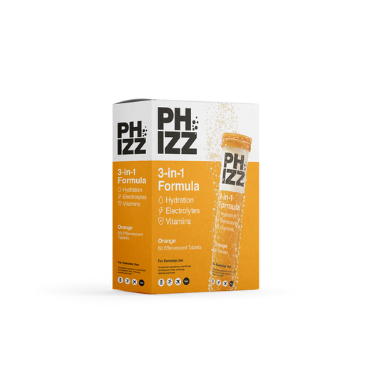 Phizz 3-in-1 Multivitamin & Rehydration Electrolyte Effervescent Multi-pack 6x60 Tabs - Orange product packaging