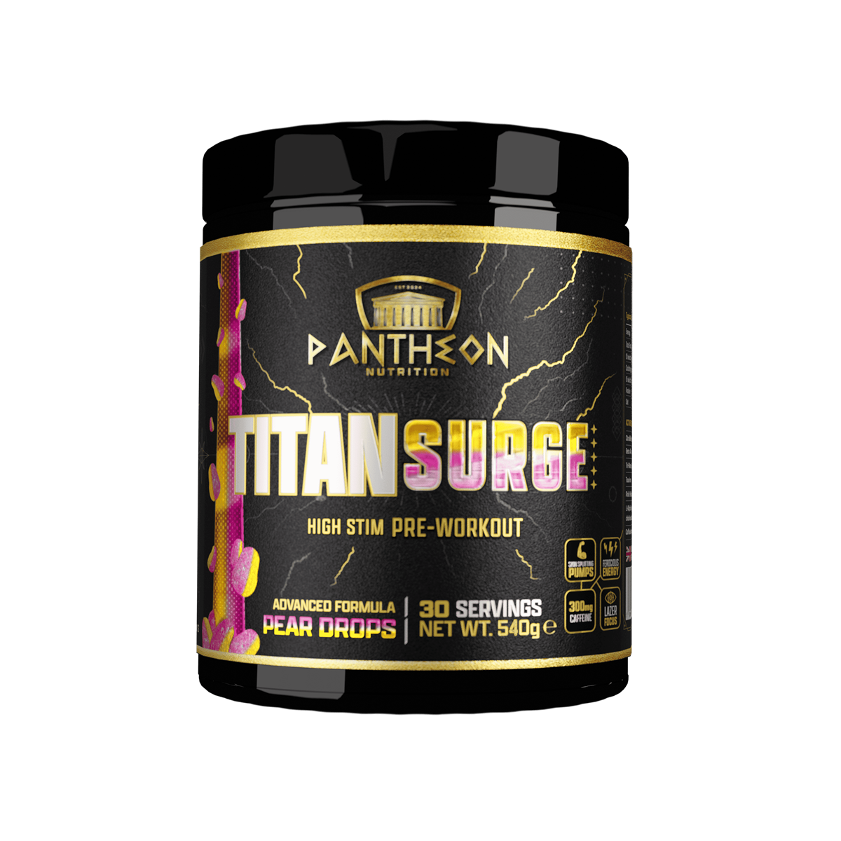 Pantheon Nutrition Titan Surge High Stim 540g Pear Drops packshot