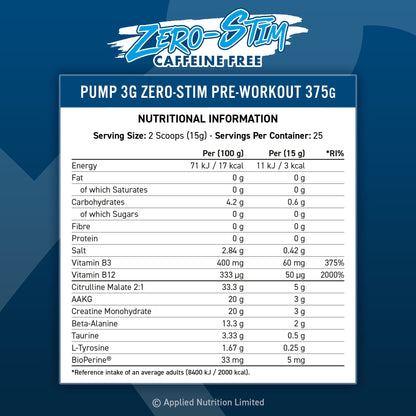 Applied Nutrition Pump 3G Zero 375g — manufacturer general nutrition chart, not a flavour-specific back label